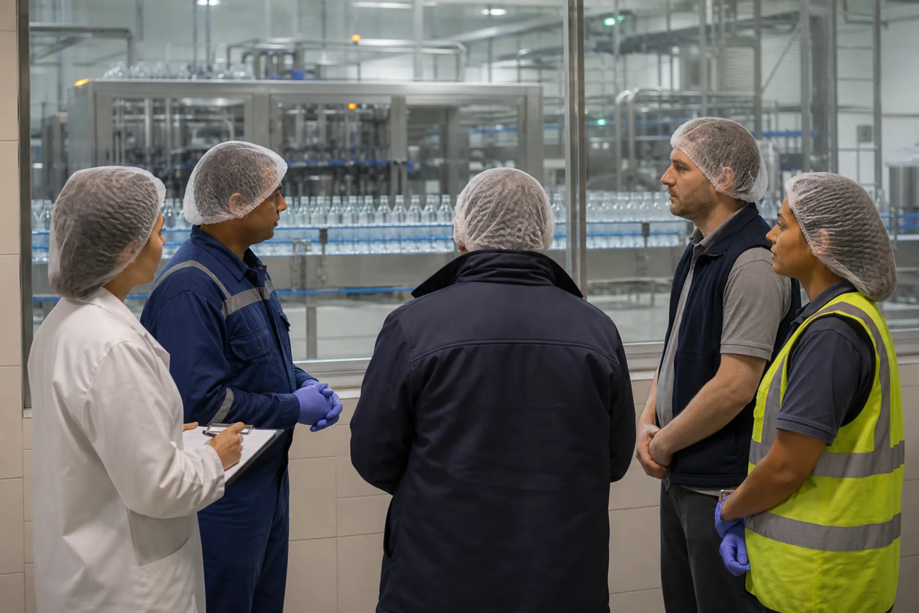 Quality and production teams collaborating in a beverage facility