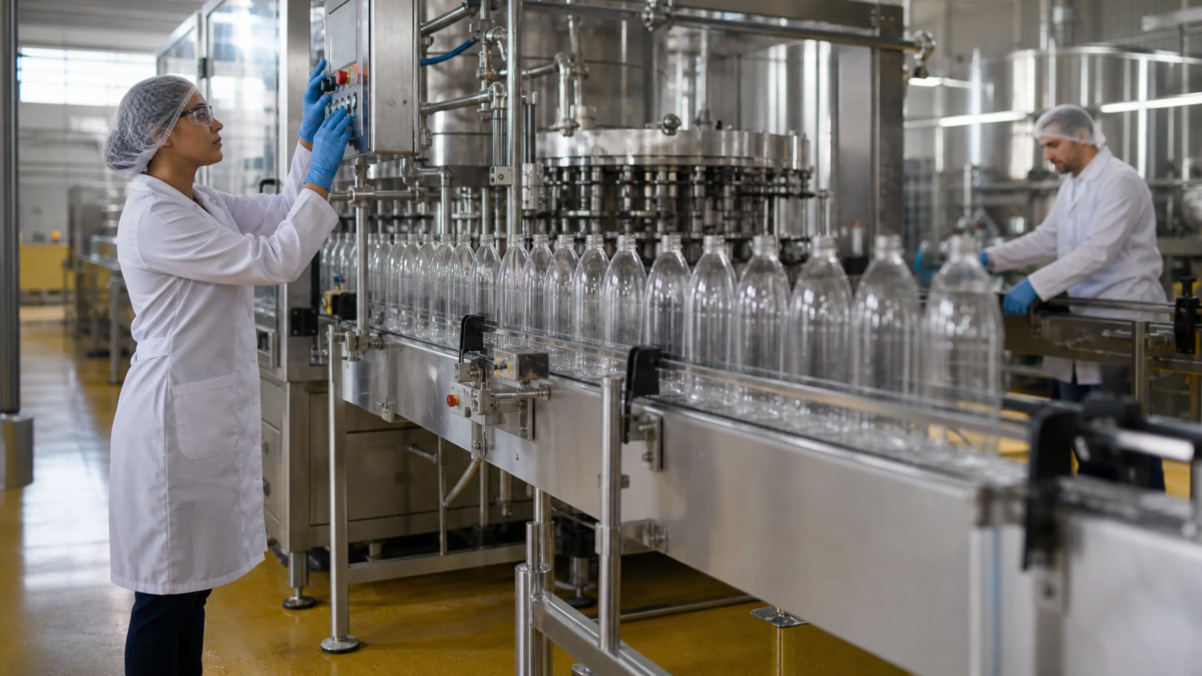 Modern beverage filling line operating under controlled, hygienic conditions