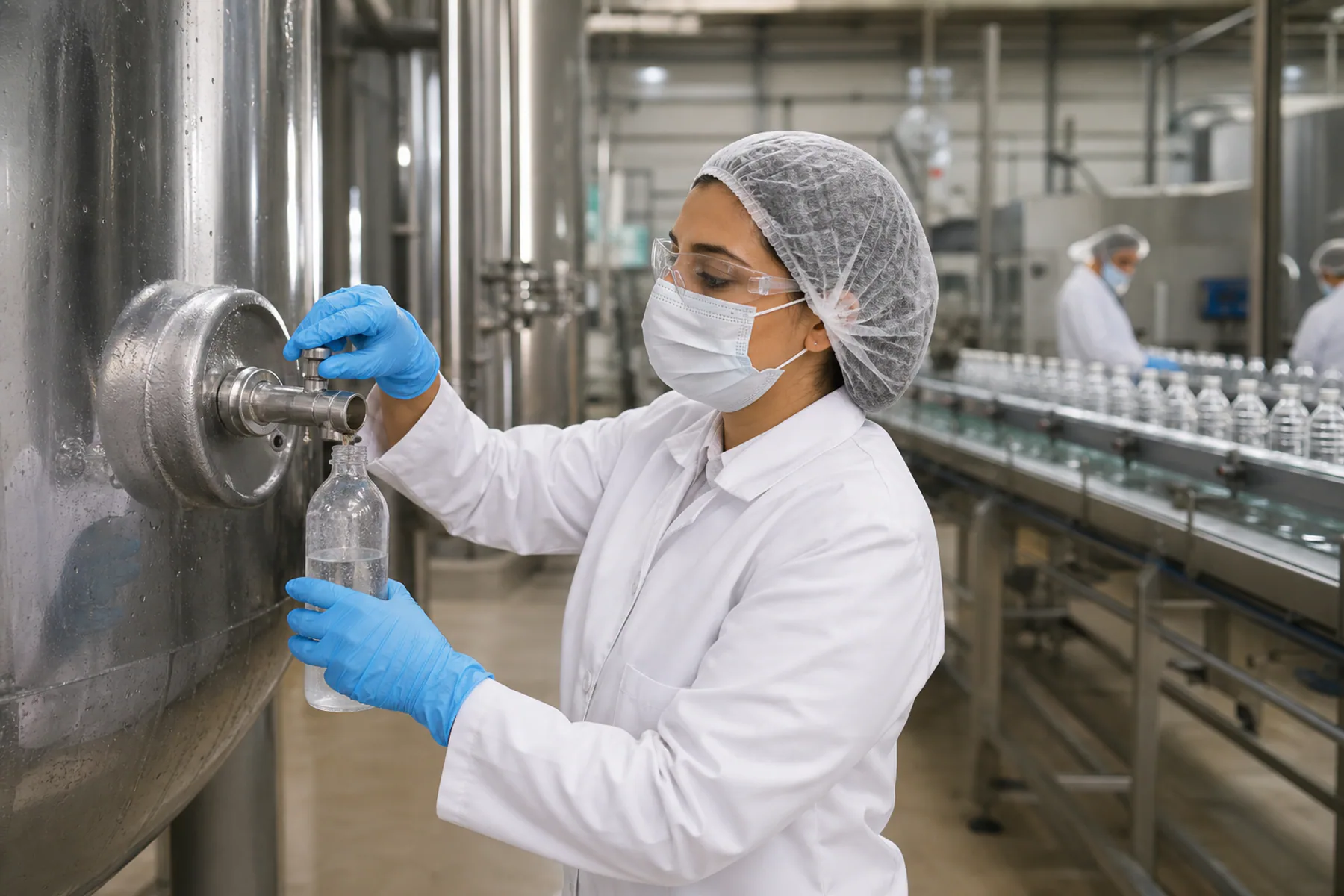 Quality specialist sampling a beverage manufacturing process