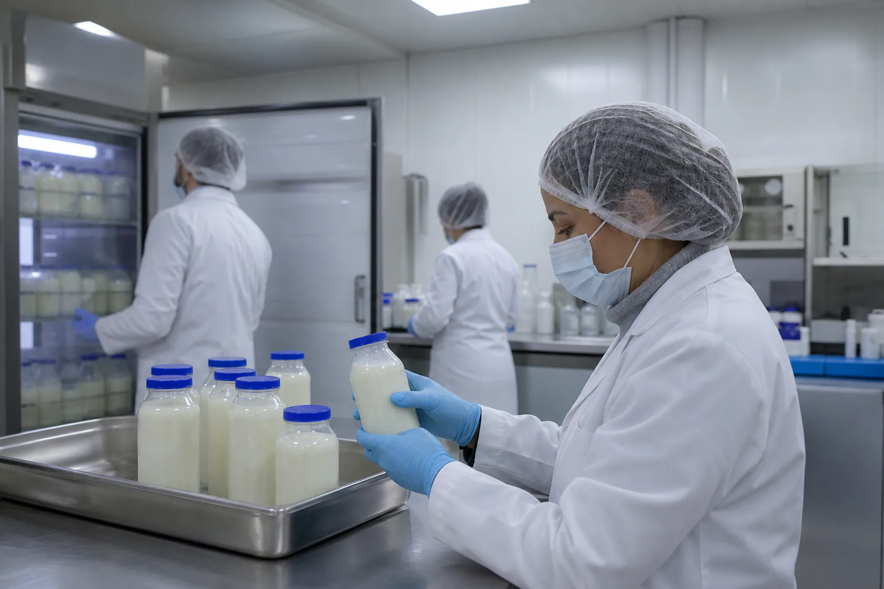 Sealed dairy samples in a chilled laboratory setting