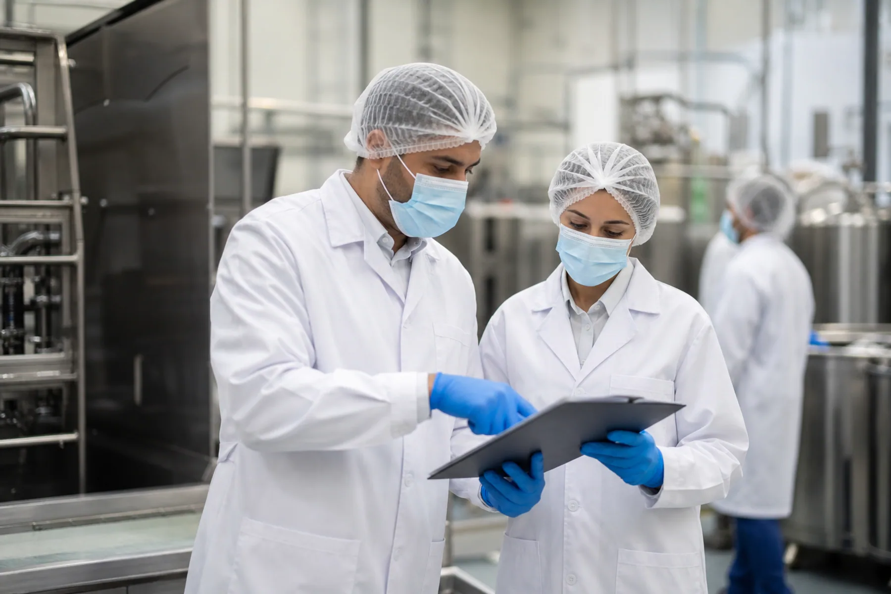 مدقق ومسؤول مستندات يراجعان إجراءً داخل المصنع