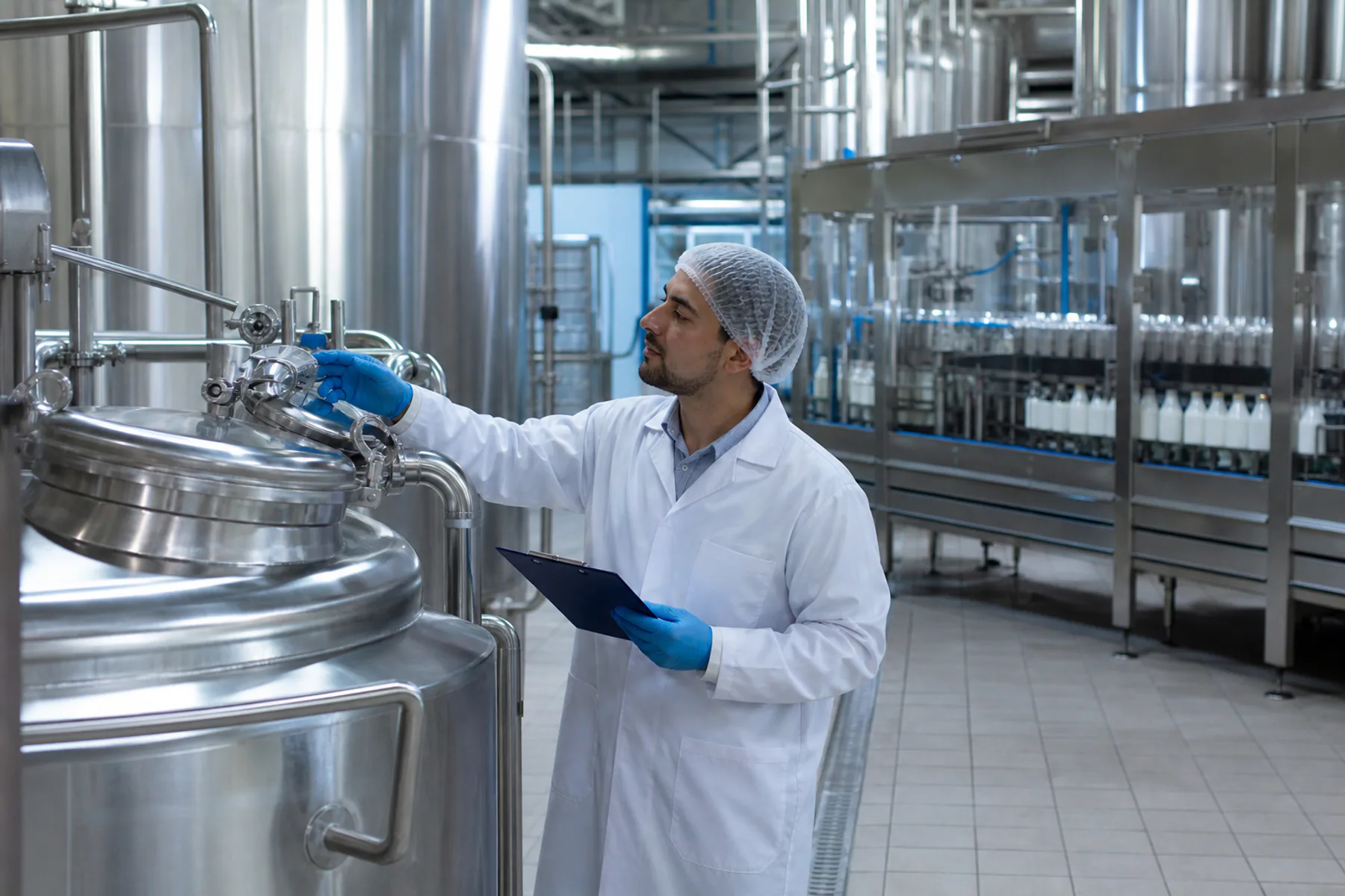 Monitoring stainless dairy-processing tanks.