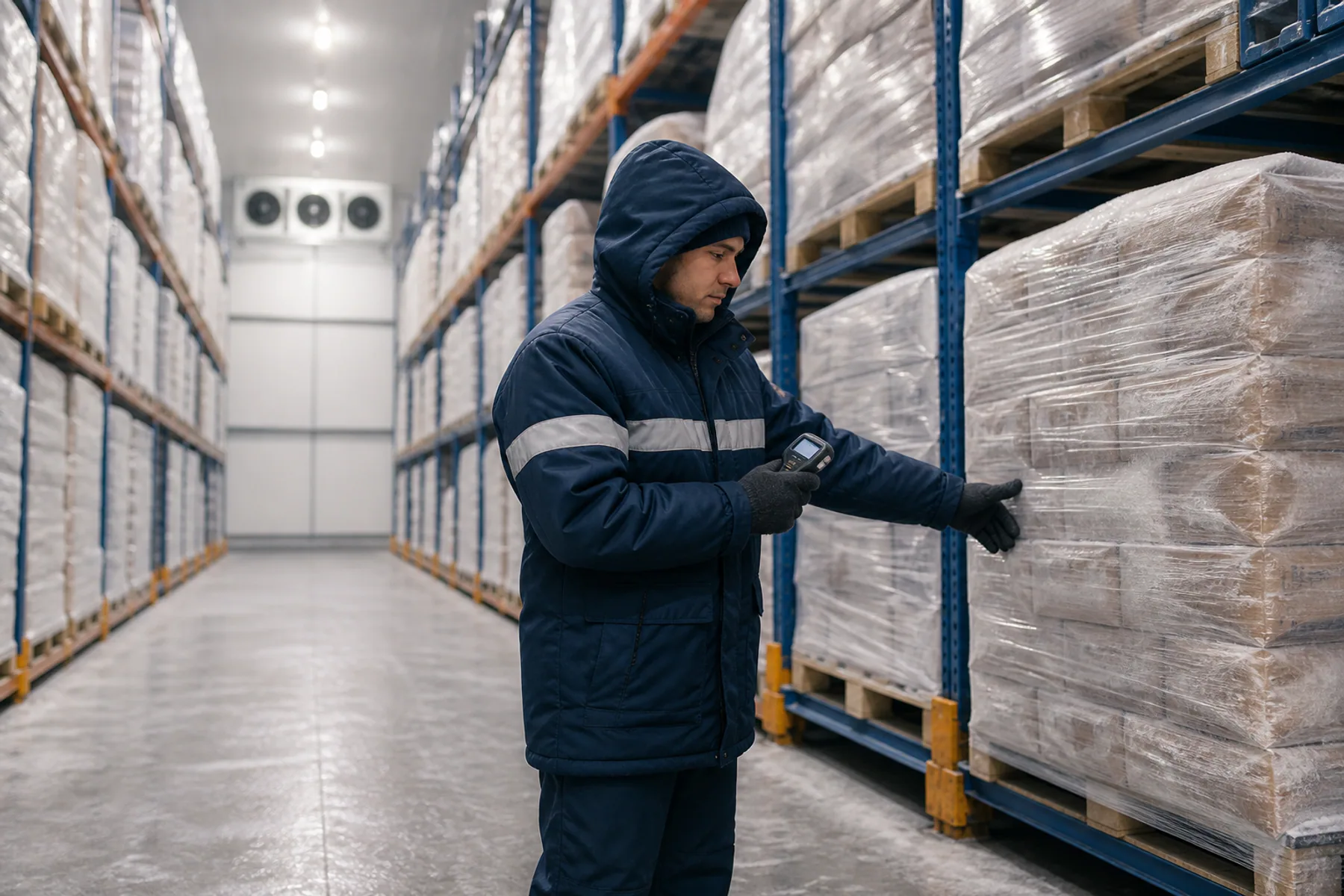 Checking frozen-food inventory in a cold store.