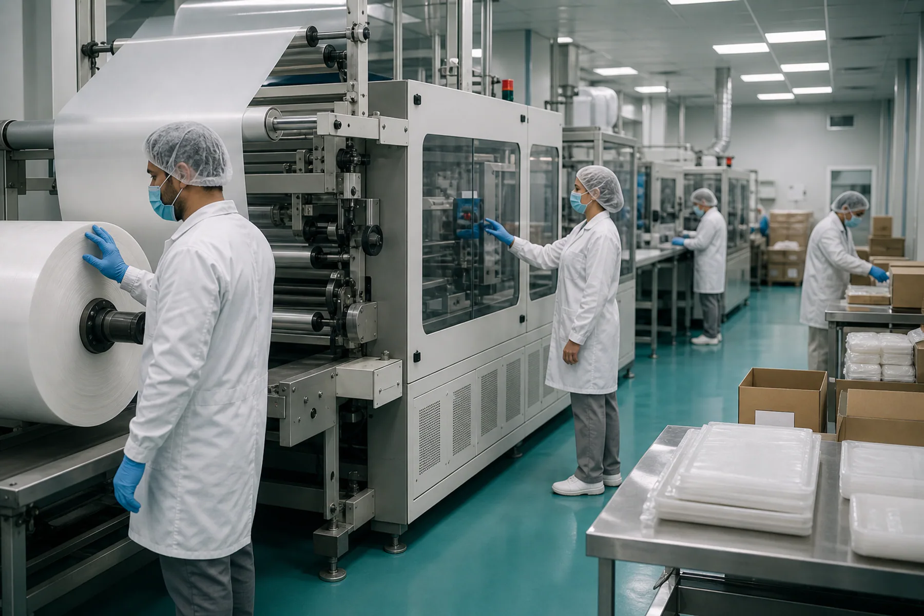 Packaging material path from input through inspection and dispatch