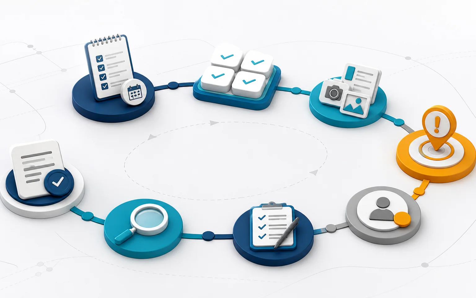 An audit cycle connecting planning, checklists, evidence, findings, actions, and closure
