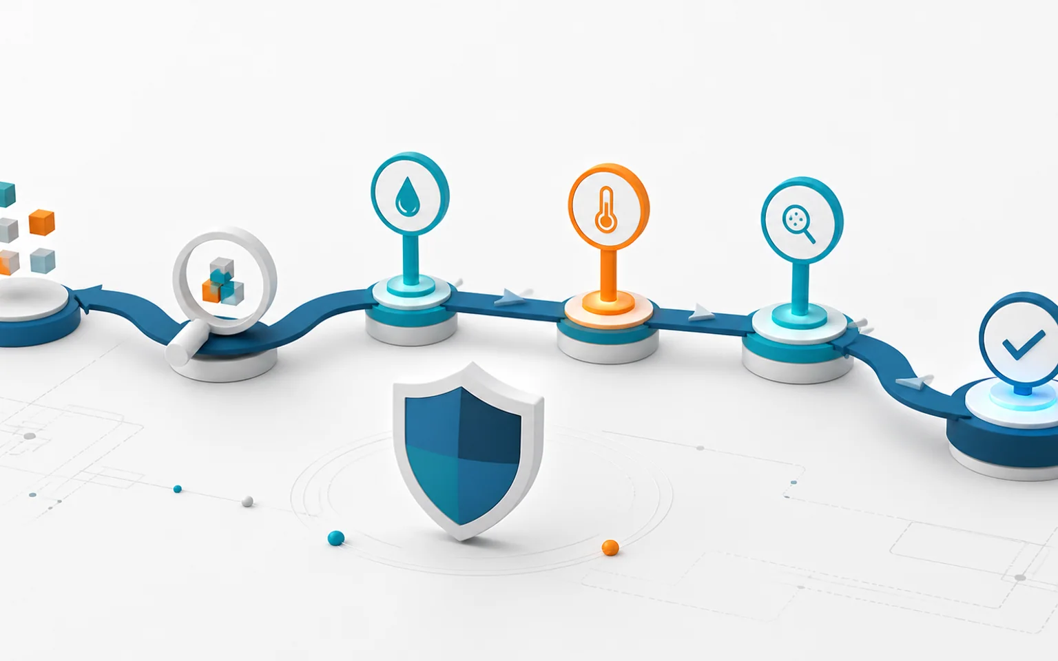 A food-safety process moving through hazard analysis, control points, monitoring, and verification